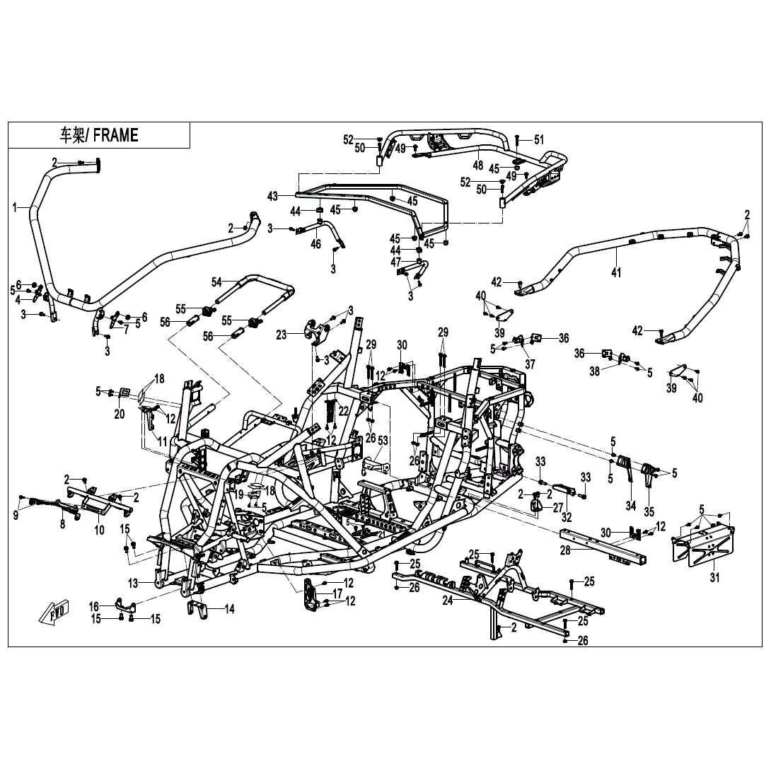 An Image of a Genuine CFMOTO Parts Schematic Diagram showing the schematic - FRAME - 2023 CFMOTO ZFORCE 950 HO EX