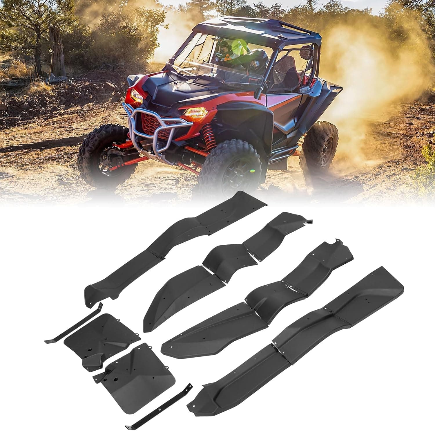 A rugged Honda Talon 1000R speeds down a dirt trail, kicking up dust, while six black Kemimoto wider fender flares extensions for Honda Talon 1000X/1000R/1000X-4 are displayed below on a white background.