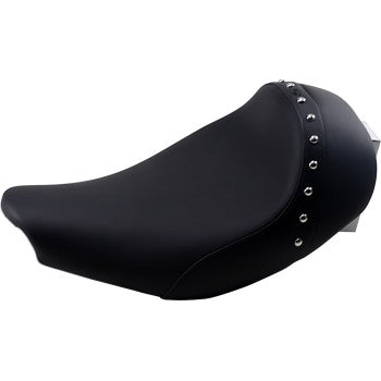 The Renegade Solo Seat - Black - Studded by Saddlemen features a smooth black finish and silver studs along the side, shown against a white background.