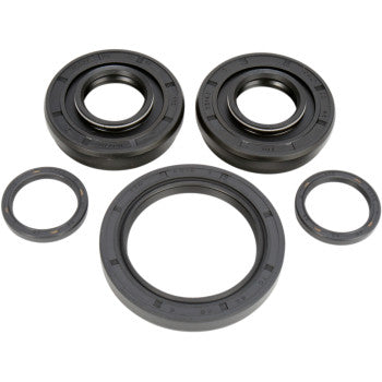 Five black seals from the Honda Differential Seal Kit Front by Moose Offroad are arranged on a white surface, in varying circular sizes—three larger at the top and center, and two smaller on the sides. Ideal for differential servicing.