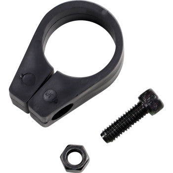 A Jagg Oil Coolers Frame Clamp - Black - 1-3/8, featuring a circular design with a gap, is shown with a matching black bolt and hex nut on a plain white background.