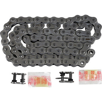 The 520 Max O Drive Chain 86 Links by RK is a coiled metal O-ring chain for bikes, offering high tensile strength, and includes two connecting links plus two small lubricant packets displayed below.