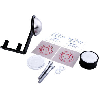 The Switch Mount - iOmount™ - Victory - Black by Klock Werks is a metal and plastic door stopper kit with mounting hardware, adhesive pads, screws, washers, alcohol prep pads, and a magnetic dome stopper for versatile installation.