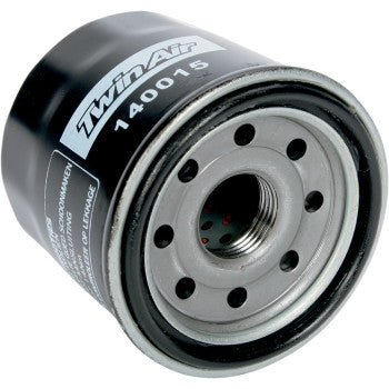 The Yamaha - Kawasaki - Suzuki Arctic Cat Oil Filter by Twin Air (model 140015) is cylindrical, with quality paper material for maximum protection, and features a threaded opening with multiple smaller holes.