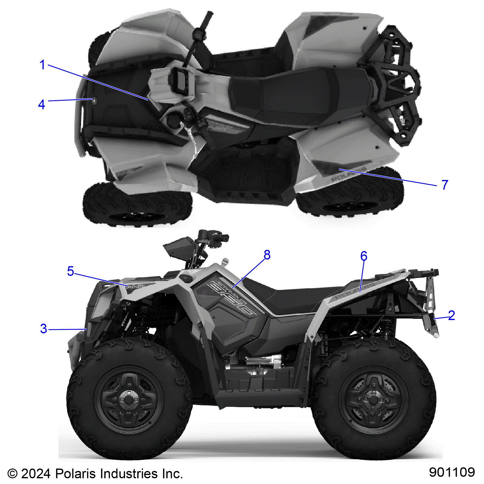 An Image of a Genuine Polaris Parts Schematic Diagram showing the schematic - BODY: DECALS GRAPHICS - 2026 POLARIS SCRAMBLER 850 48"