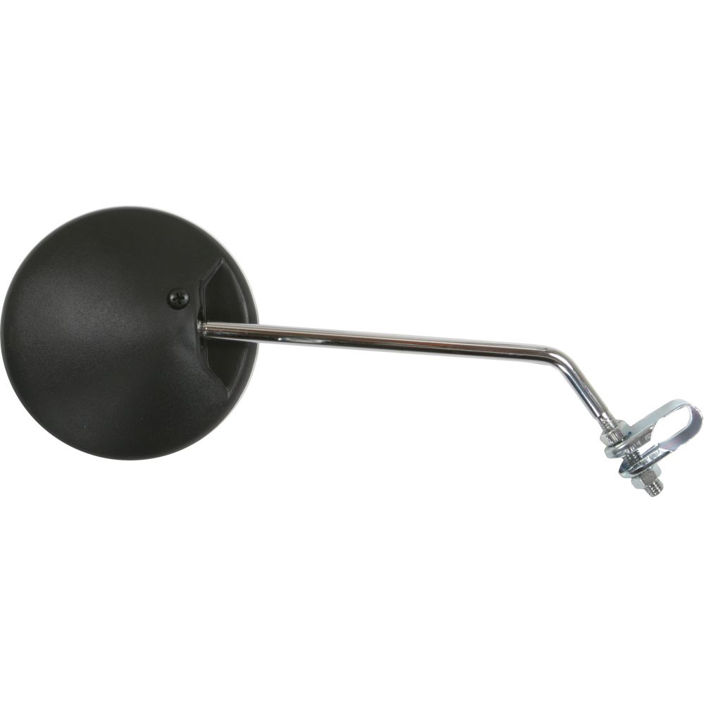 The EMGO Round Clamp-On Mirror Black 10" features a black round design with a metal stem and clamp bracket, ideal for bicycles or motorcycles—perfect for Spree or Gyro mounts as a classic alternative to square mirrors.