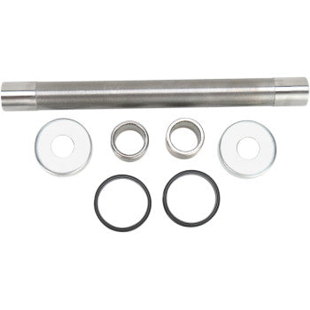 The Swingarm Bearing Kit by Pivot Works includes a metal axle, two washers, two bushings, and two black rubber O-rings on a white background—perfect for suspension control and engineered to OEM standards.
