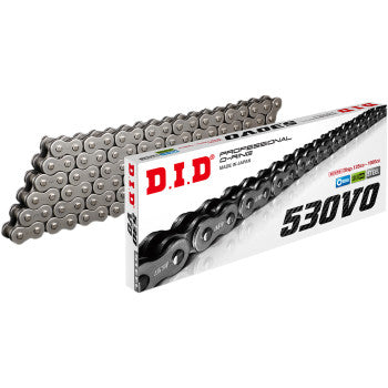 Silver metal motorcycle chain next to white D.I.D branded box with 530VO and red logo text.
