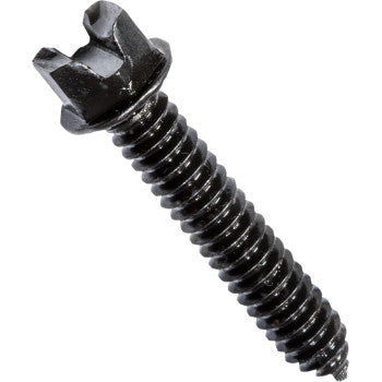 Close-up of an AMA Traction Screws #10 24 x 1 from Kold Kutter, showing its black metal, six-lobed tamper-resistant drive and threaded shaft, renowned for high Rockwell hardness. Shown on a white background.
