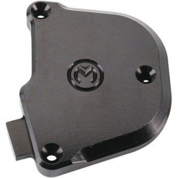 The Throttle Cover Black by Moose Offroad is a CNC-machined, billet aluminum cover with a glossy, slightly reflective finish. It features a rounded shape, three screw holes, and a stylized center logo.