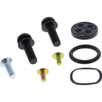 The Can Am Fuel Petcock Rebuild Kit by Moose Offroad includes three black bolts, silver and gold screws, a black oval petcock gasket, a circular gasket, and a round rubber part with four holes—all displayed on a white background.