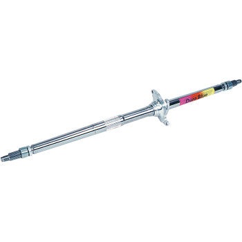 The Honda Axle Eliminator 2+2 by Dura Blue, featuring a shiny metallic body, knurled grip handle, clear measurement markings, and a yellow label, is shown horizontally on a white background—ideal for adjusting rear axle track.