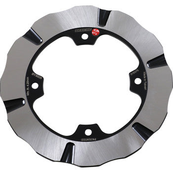 The Can Am UTV Brake Rotors by Braking are circular metallic rotors with a wavy edge, multiple mounting holes, black accents, and engraved markings for enhanced ventilation.