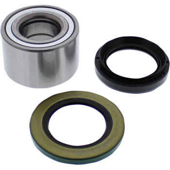 The Wheel Bearing Kit Tapered Double Angular Contact Front by Moose Offroad is shown on a white background with a metal DAC bearing, one black O-ring seal, and one circular seal featuring a metallic bearing steel outer ring.