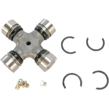 The Polaris Universal Joint Kit by All Balls features durable SCM-415 steel, four bearing caps, four retaining clips, a grease fitting, and a small screw—ideal for Honda yoke assemblies and shown on a white background.