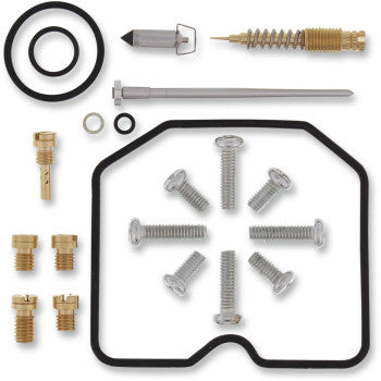The Kawasaki Carburetor Repair Kit by Moose Offroad includes NBR rubber O-rings, gaskets, screws, jets, and small metal parts, all neatly arranged for easy use.