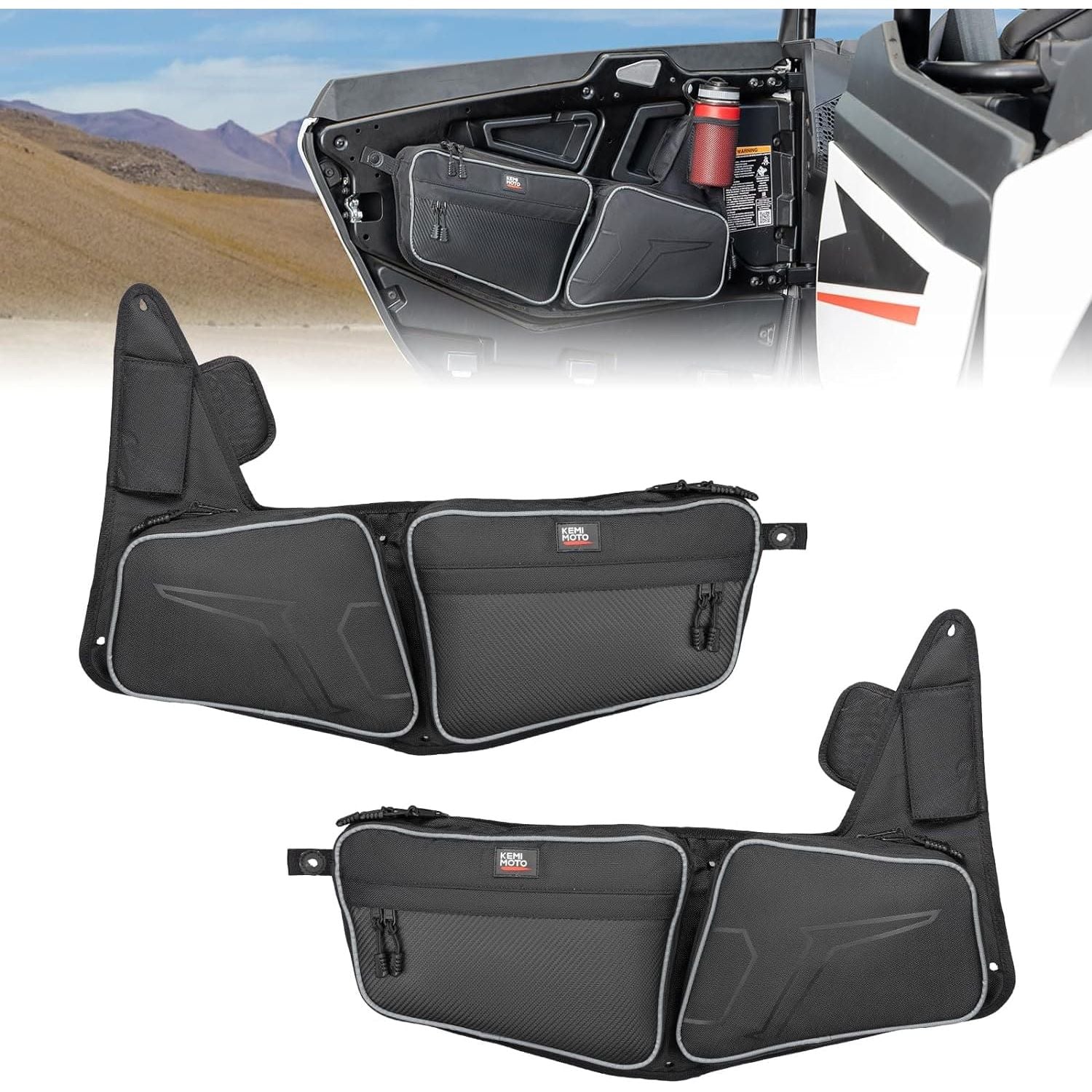 Two black Kemimoto front door bags for Polaris RZR XP 1000/4 1000 are attached to a UTV door. One bag holds a red water bottle, with a desert landscape and mountains in the background—ideal storage for your next off-road trip.