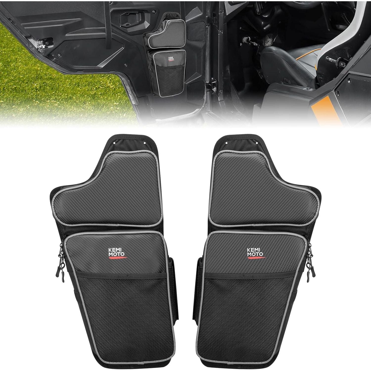 A pair of Polaris General 1000/4 Front Lower Door Bags with Knee, 2PCS by Kemimoto, featuring water-resistant zippers, shown installed on vehicle door panels and separately against a white background.