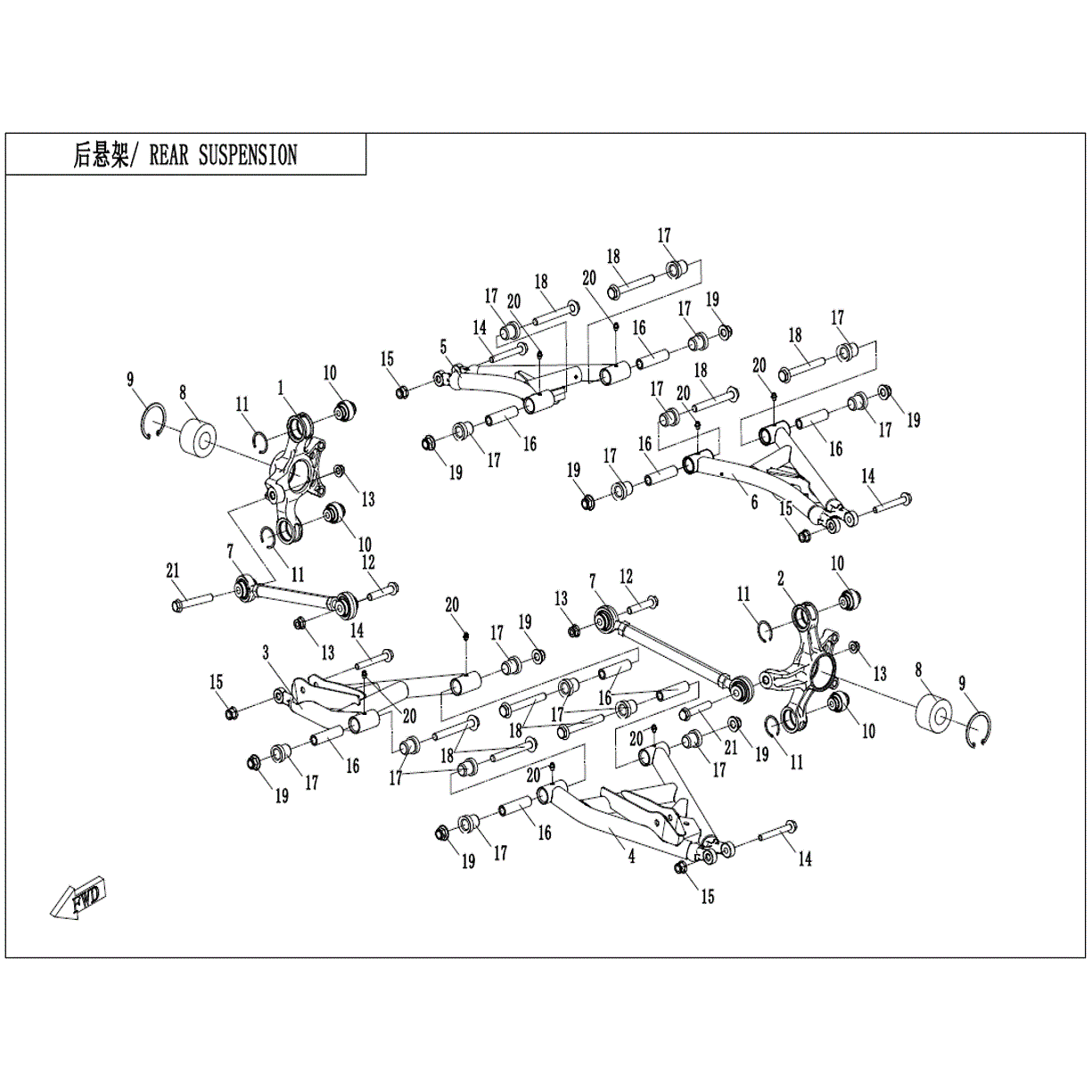 An Image of a Genuine CFMOTO Parts Schematic Diagram showing the schematic - REAR SUSPENSION(2) - 2023 CFMOTO ZFORCE 800 Trail