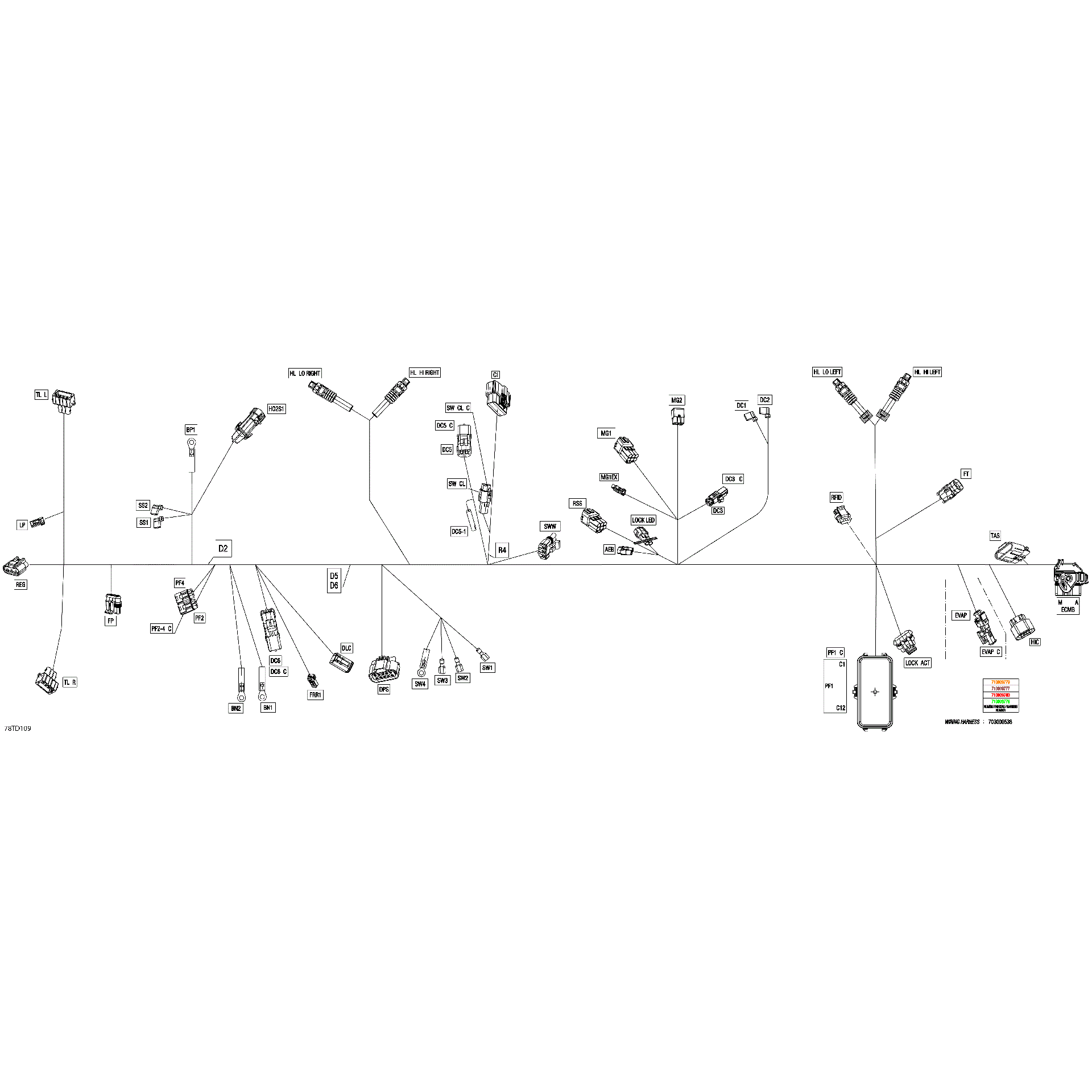 An Image of a Genuine Can-Am Parts Schematic Diagram showing the schematic - ELECTRIC - MAIN HARNESS - 710009780