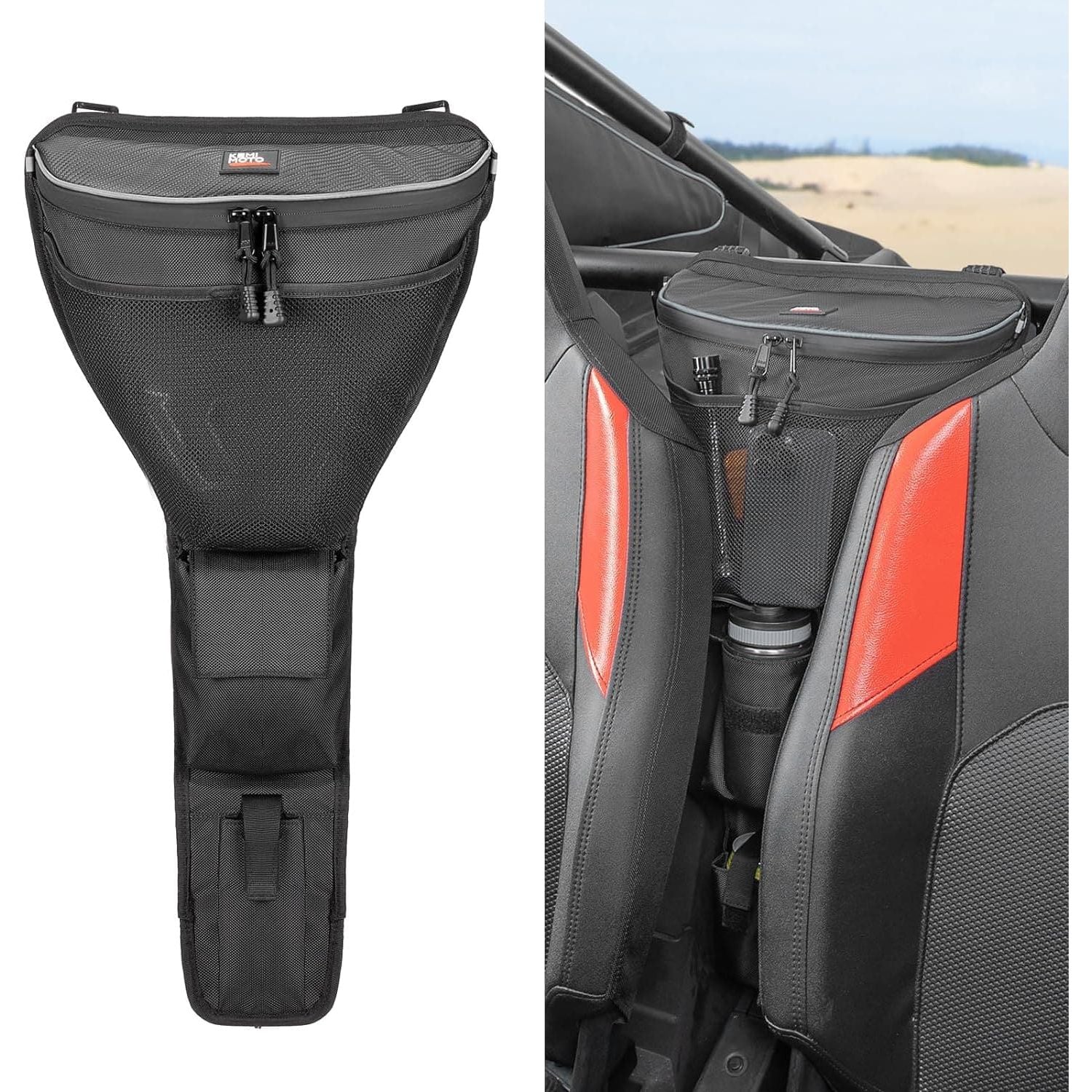 The Polaris RZR XP 1000/4 Center Storage Bag with Cup holder by Kemimoto is shown alone to display its compartments and weather-resistant design, and also installed between two seats in an off-road vehicle for convenient storage.