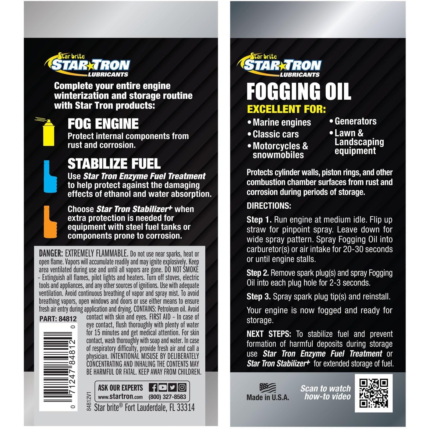 Packaging for Fogging Oil by Star Tron includes instructions for use, safety warnings, and tips on winterizing motorcycle engines and vehicles to ensure maximum engine protection.