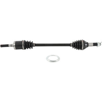 Black metal axle shaft with rubber protective boots on both ends, including a silver metal ring accessory below the shaft.
