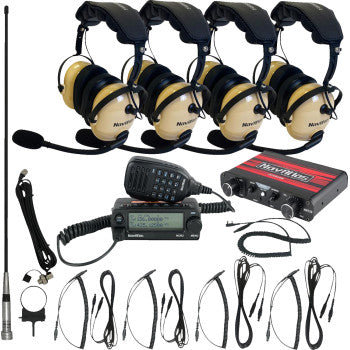The Intercom Radio and Headset Kit 4 Seat Beige by Navatlas includes four noise-cancelling headsets, a two-way radio, intercom control box, microphones, antennas, cables, and audio accessories on a white background.