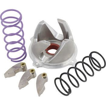 The Polaris Mud Clutch Kit by Epi includes two coiled springs (purple and black), three metal levers, and a machined metal part with angled flanges—designed to boost torque for vehicles with oversized tires—displayed on white.