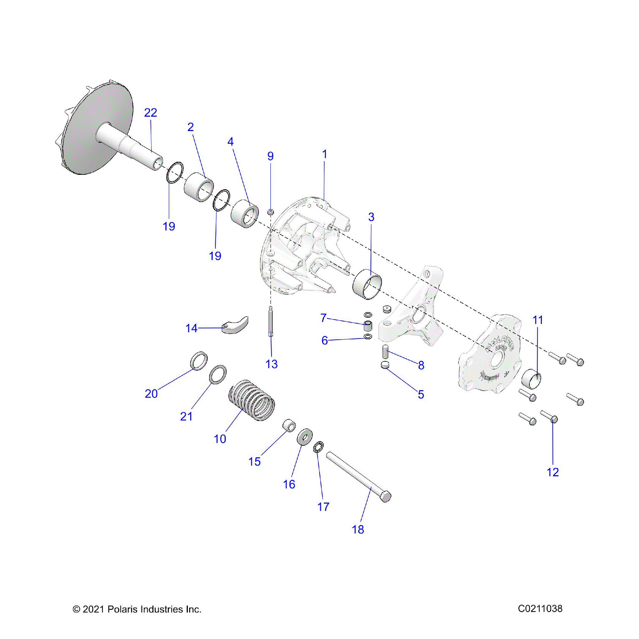 An Image of a Genuine Polaris Parts Schematic Diagram showing the schematic - DRIVE TRAIN: PRIMARY CLUTCH - 2022 POLARIS SPORTSMAN 850 HIGH LIFTER