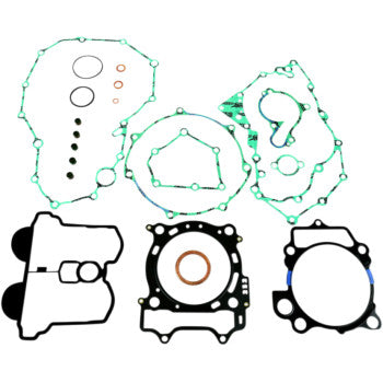 The Yamaha Complete Gasket Kit by Athena includes various green and black gaskets, O-rings, and seals arranged on a white background—ideal for engine rebuilds or motorcycle maintenance for reliable performance.