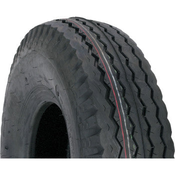 A close-up of the Tire 5.70-8 6 Ply by Kenda, a black tubeless nylon trailer tire with a zigzag tread and thin red line around the edge, shown against a plain white background.