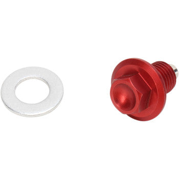 The Yamaha Magnetic Drain Plug Red by Moose Offroad, featuring a red hexagonal flanged bolt and a silver washer, is displayed side by side on a white background.