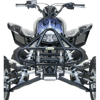 Front view of an ATV with the EZ Fit Bumper Desert Black by Motorsport Products, featuring exposed suspension and a custom black and blue flame design—perfect for highlighting distinctive ATV models.