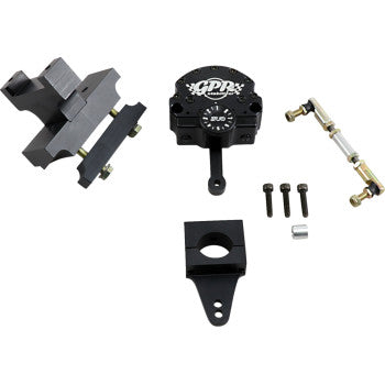 A Yamaha YFZ Steering Damper by Gpr, with a bracket, adjustment dial, linkage rod with joints, screws, and a mounting piece—designed to reduce rider fatigue—displayed on a white background.