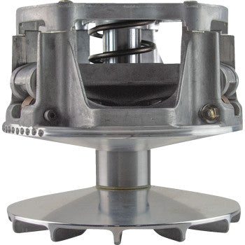 Gray metal Polaris primary clutch with cylindrical shaft and spring mechanism visible inside frame.
