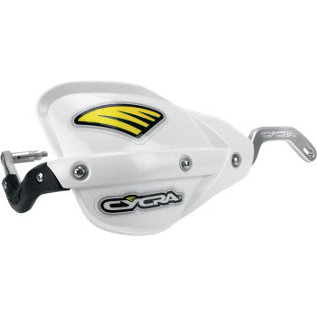 The Probend™ Flexx Bar Handshields White by Cycra features a yellow graphic and logo, fits motorcycle or ATV handlebars in the signature Probend shape, and includes metal mounting hardware with multiple screws.