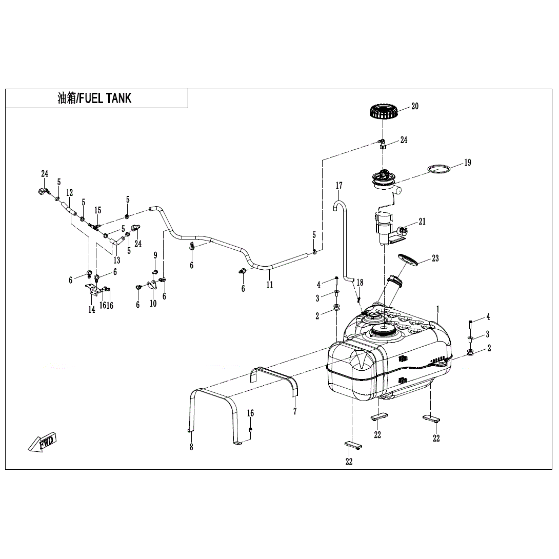 An Image of a Genuine CFMOTO Parts Schematic Diagram showing the schematic - FUEL TANK(FOR NON FUEL EVAPORATION SYSTEM) - 2024 CFMOTO UFORCE 1000 XL