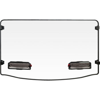 The Polaris Ranger Vented Windshield by Seizmik is a rectangular clear polycarbonate shield with a black frame and two black mounting brackets at the bottom corners, designed for protective use.