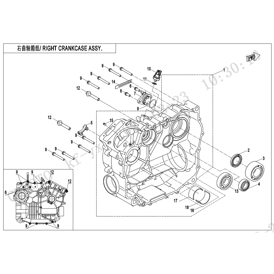 An Image of a Genuine CFMOTO Parts Schematic Diagram showing the schematic - RIGHT CRANKCASE ASSY - 2025 CFMOTO UFORCE 600