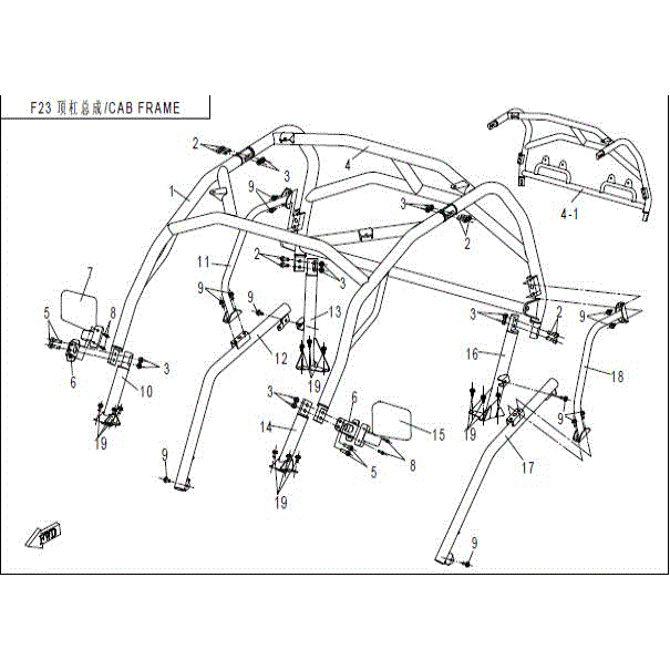 An Image of a Genuine CFMOTO Parts Schematic Diagram showing the schematic - CAB FRAME (ROPS) - 2015 CFMOTO ZFORCE 800 EX