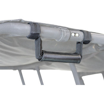 The UTV Grab Handles 2 Pack by Atv-Tek features black padded grips with Velcro straps that attach securely to metal bar frames, offering a universal fit and durable fabric covering for comfort and versatility.