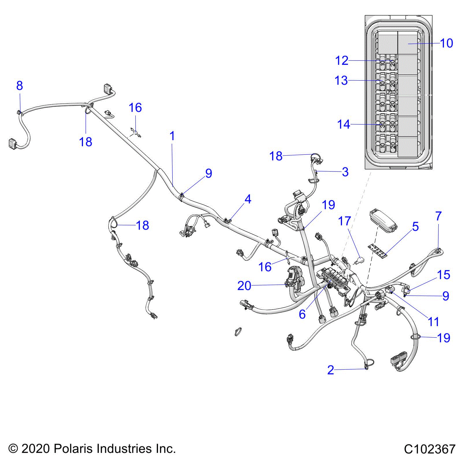 An Image of a Genuine Polaris Parts Schematic Diagram showing the schematic - ELECTRICAL: MAIN WIRE HARNESS - 2021 POLARIS SPORTSMAN TOURING 570 PREMIUM