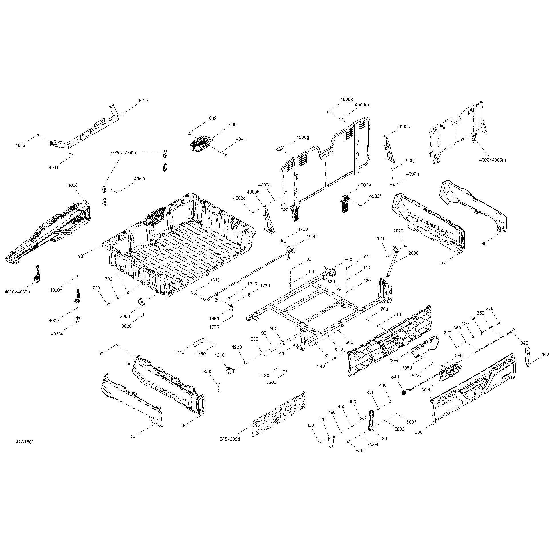 An Image of a Genuine Can-Am Parts Schematic Diagram showing the schematic - REAR CARGO BOX DEFENDER PACKAGE HUNTER