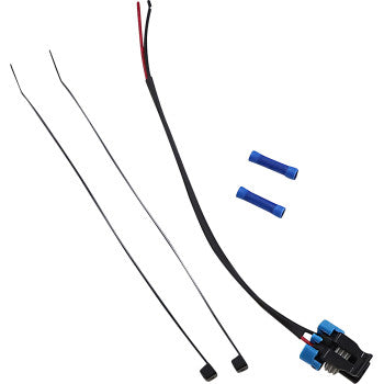 The Harness Gear Selector by Moose Offroad includes a black connector with pigtail harness (black and red wires), two zip ties, and two blue wire crimp connectors, shown on a white background.