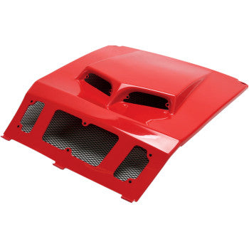 The Hood Red Scooped by Maier features dual raised scoops, a vented black mesh front grille, and OE color-matched bodywork for a seamless factory appearance.