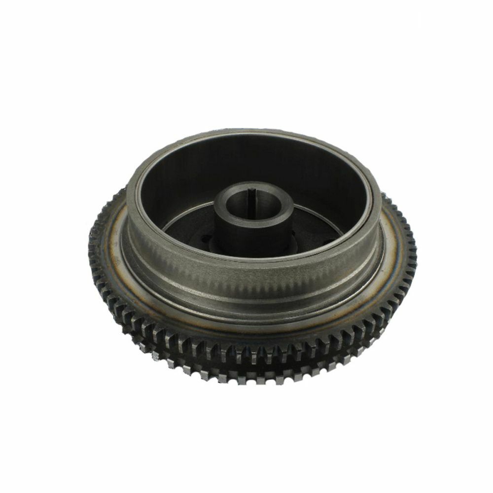 Round metallic flywheel with gear teeth along outer edge and central hub opening.