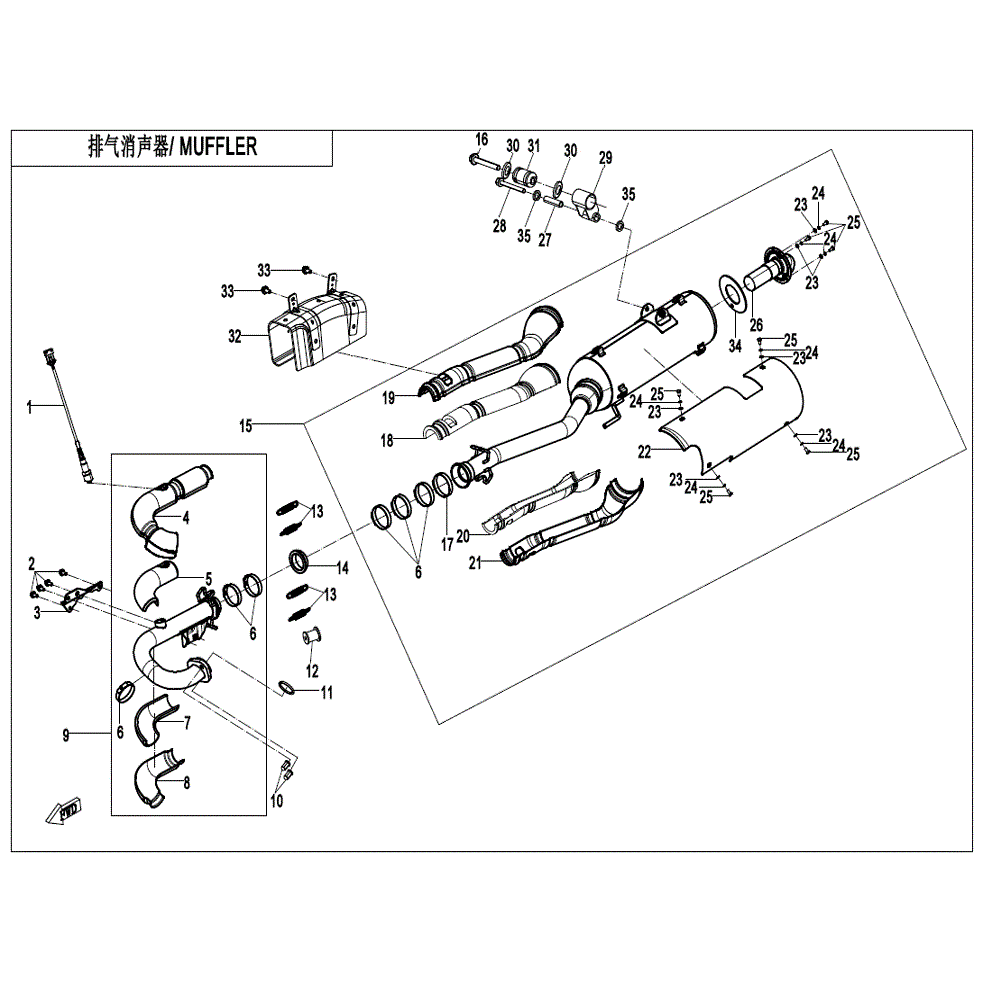 An Image of a genuine CFMOTO Parts Schematic Diagram showing the group - MUFFLER - 2022 CFMOTO CFORCE 400