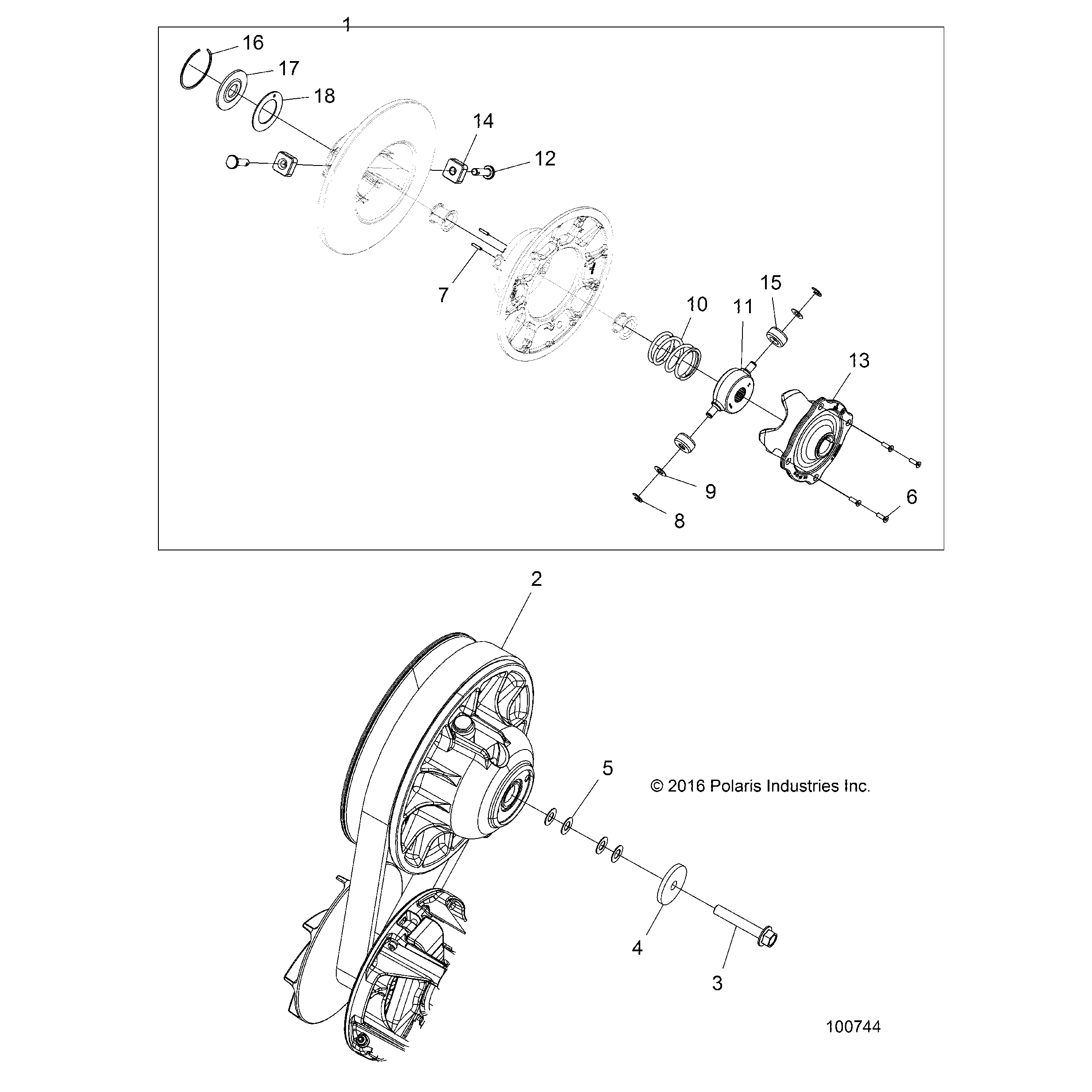 An Image of a Genuine Polaris Parts Schematic Diagram showing the schematic - DRIVE TRAIN: SECONDARY CLUTCH - 2024 POLARIS SCRAMBLER 850 48"