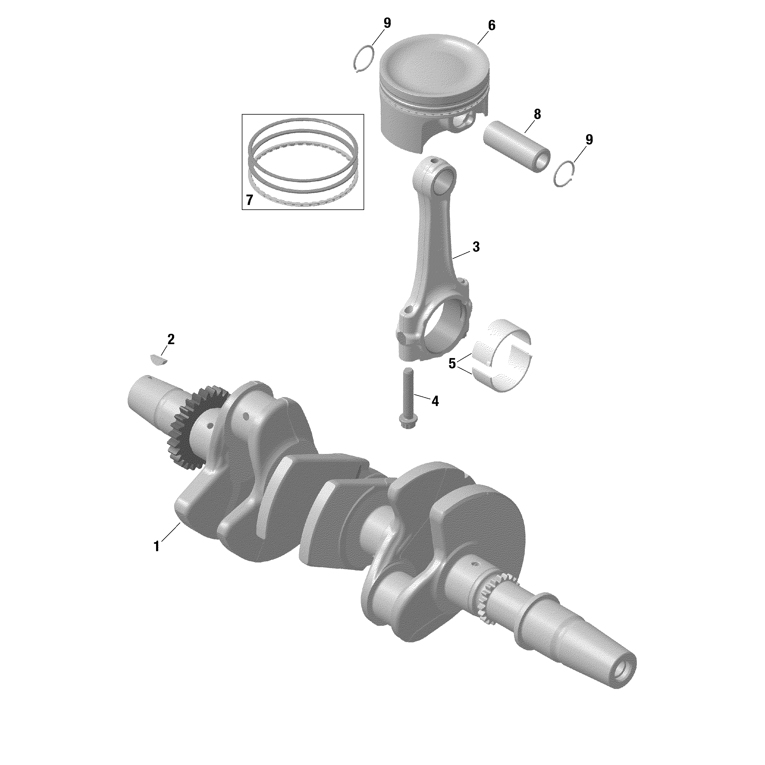 An Image of a Genuine Can-Am Parts Schematic Diagram showing the schematic - ROTAX - CRANKSHAFT AND PISTONS - TURBO RR